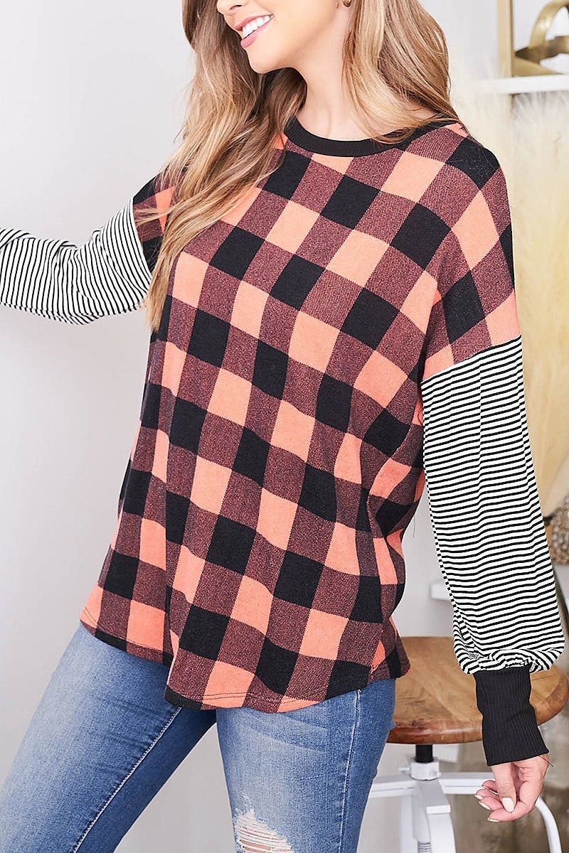 Stripe sleeve checker body color block top (EF2515)