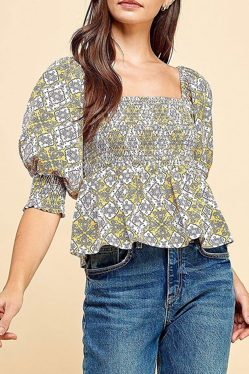 Short puff sleeve smock peplum floral blouse top (EGWT1324)