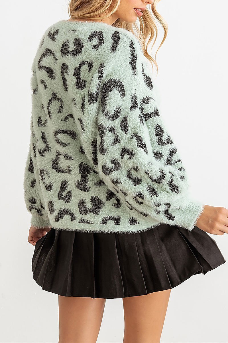 Animal print fuzzy knit long sleeve sweaeter (TED2251)