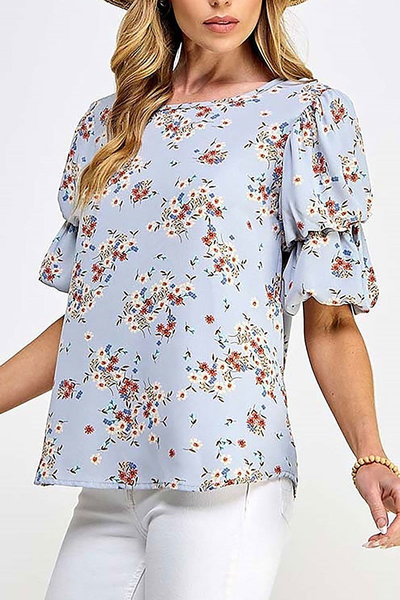 Layered puff sleeve woven floral blouse (EF5830)