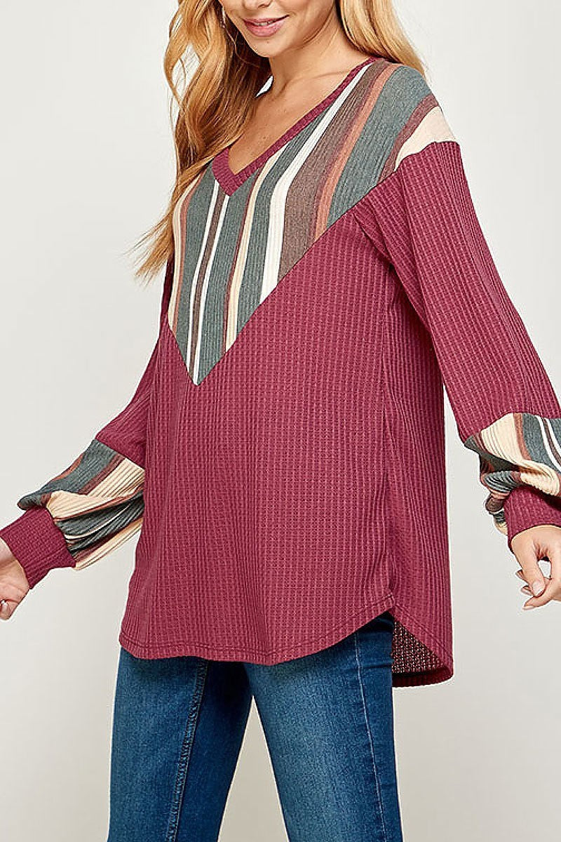 Stripe color block bubble sleeve top (ET2373)