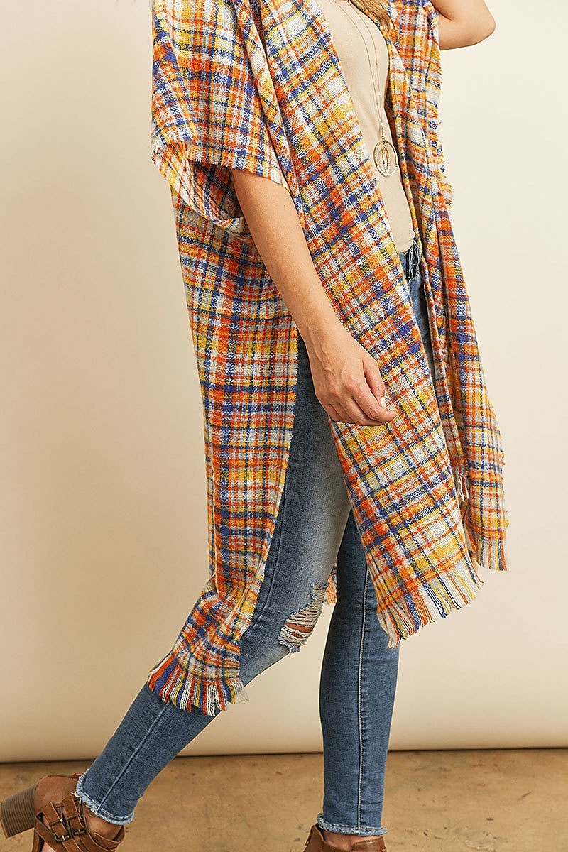 Plaid fringe detail poncho kimono (DGS4964)