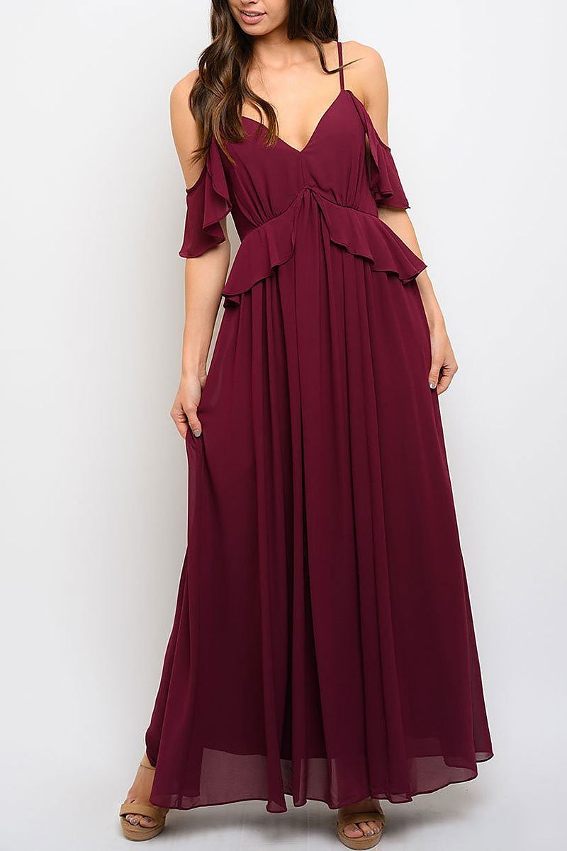 Cold shoulder ruffle maxi dress (EDWT3397)