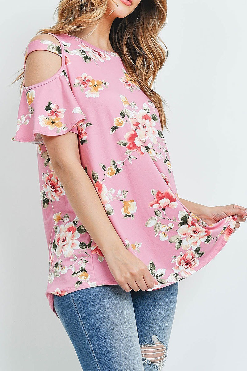 Floral print off shoulder flutter sleeve top (ED9164)