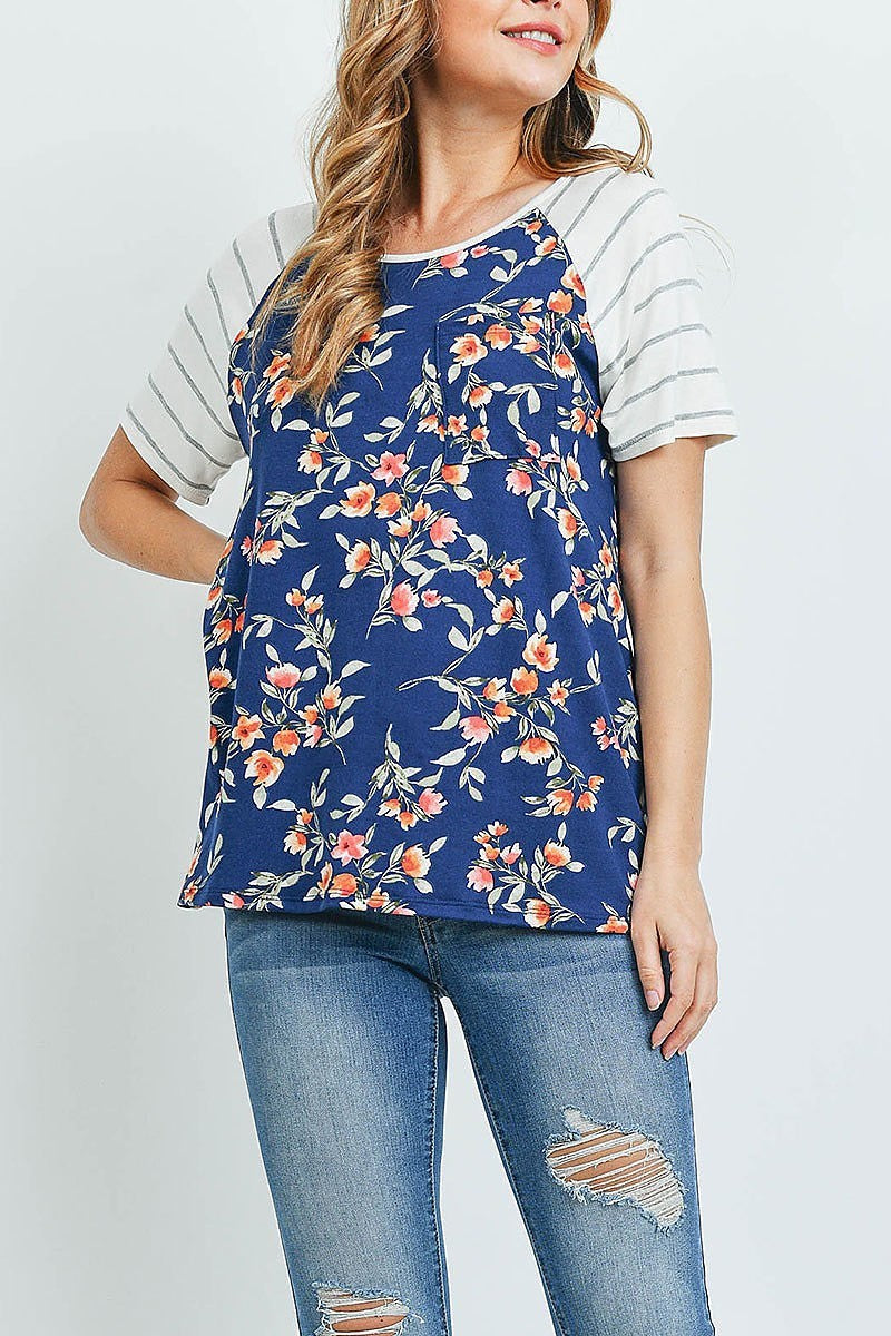 Stripe raglan sleeves floral print pocket top (ED9921)