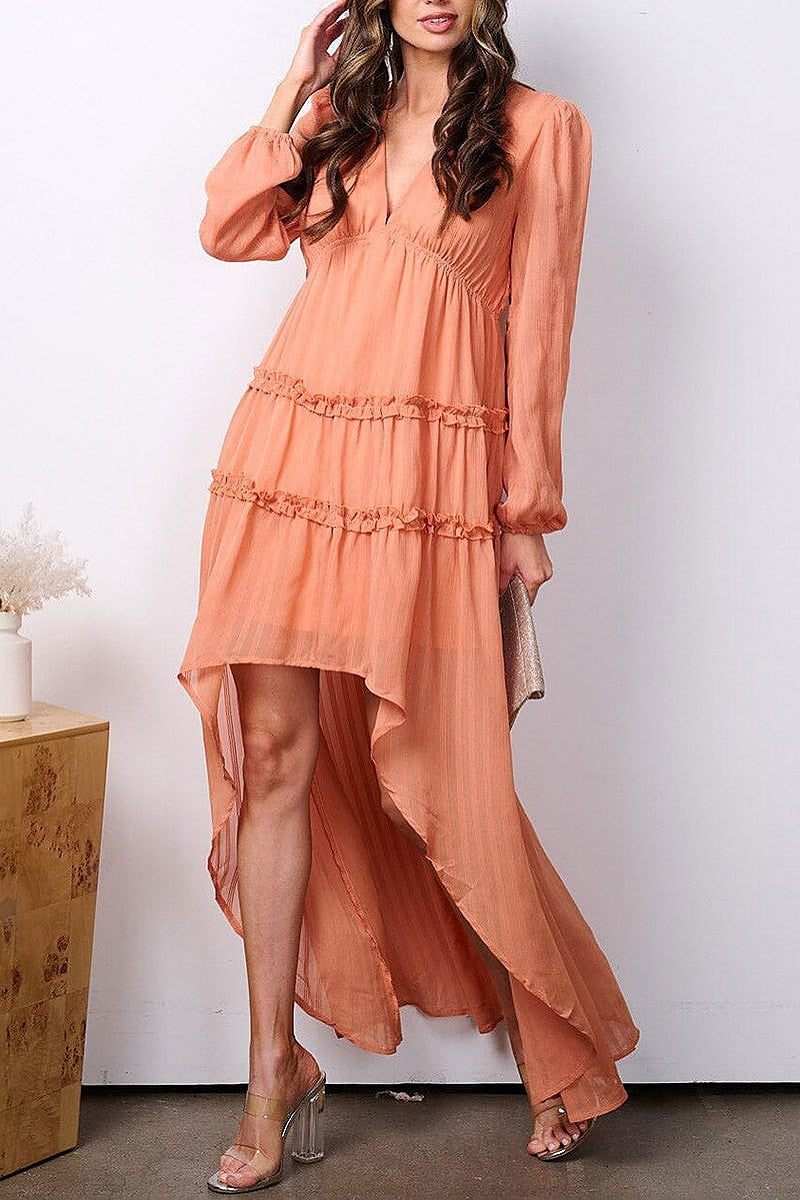 Long sleeve v-neck tiered high-low maxi dress (EFWT7598)