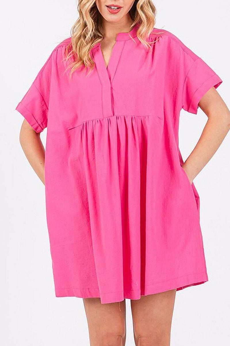 Short sleeve button up pockets tunic mini dress (EGWT1716)