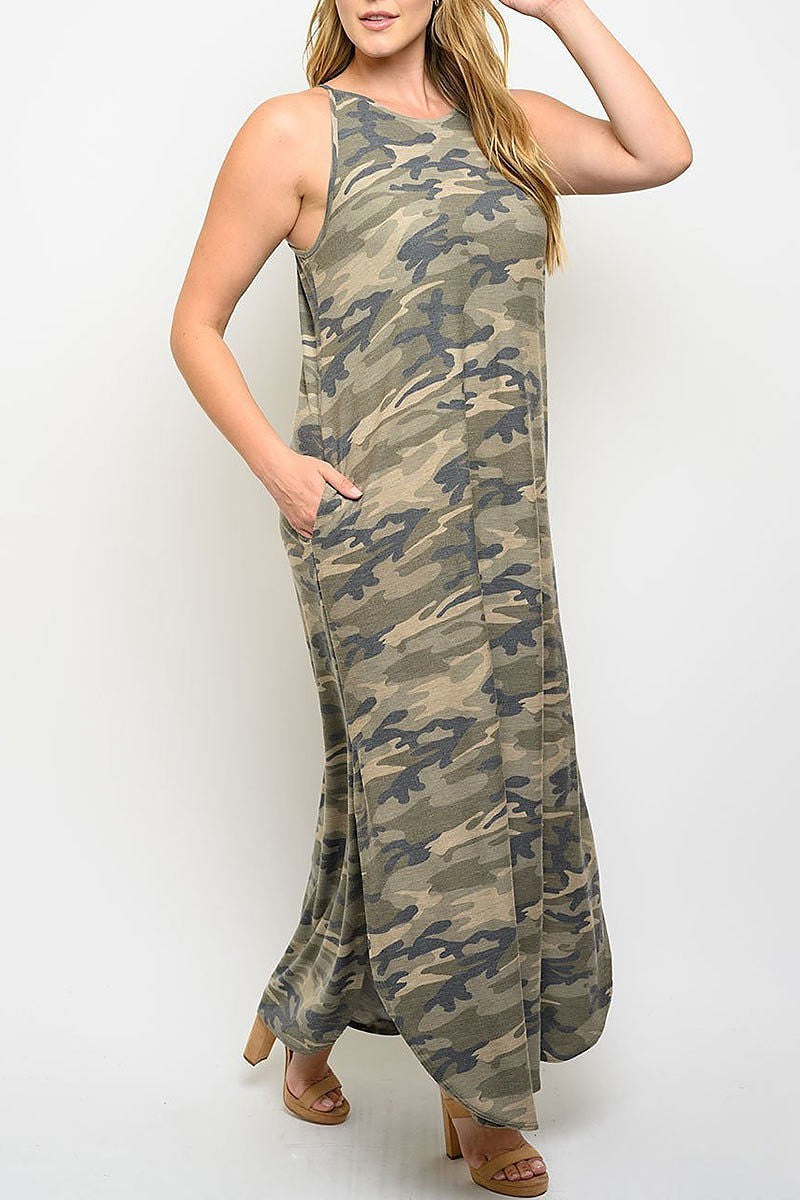 Camo print with pockets maxi dress (EDWT3443)