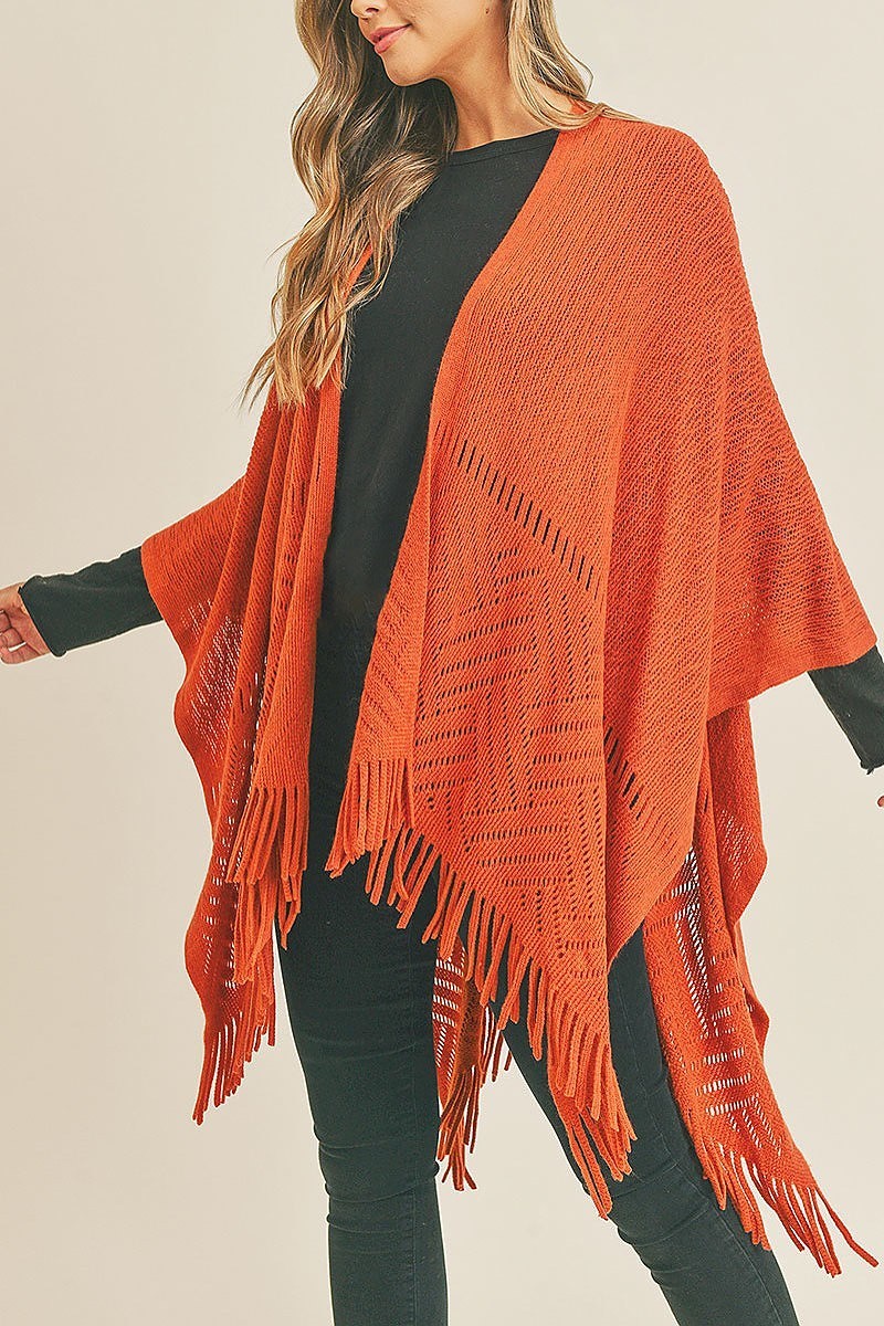 Herringbone knit fringe ruana kimono fringe (DGS5738)