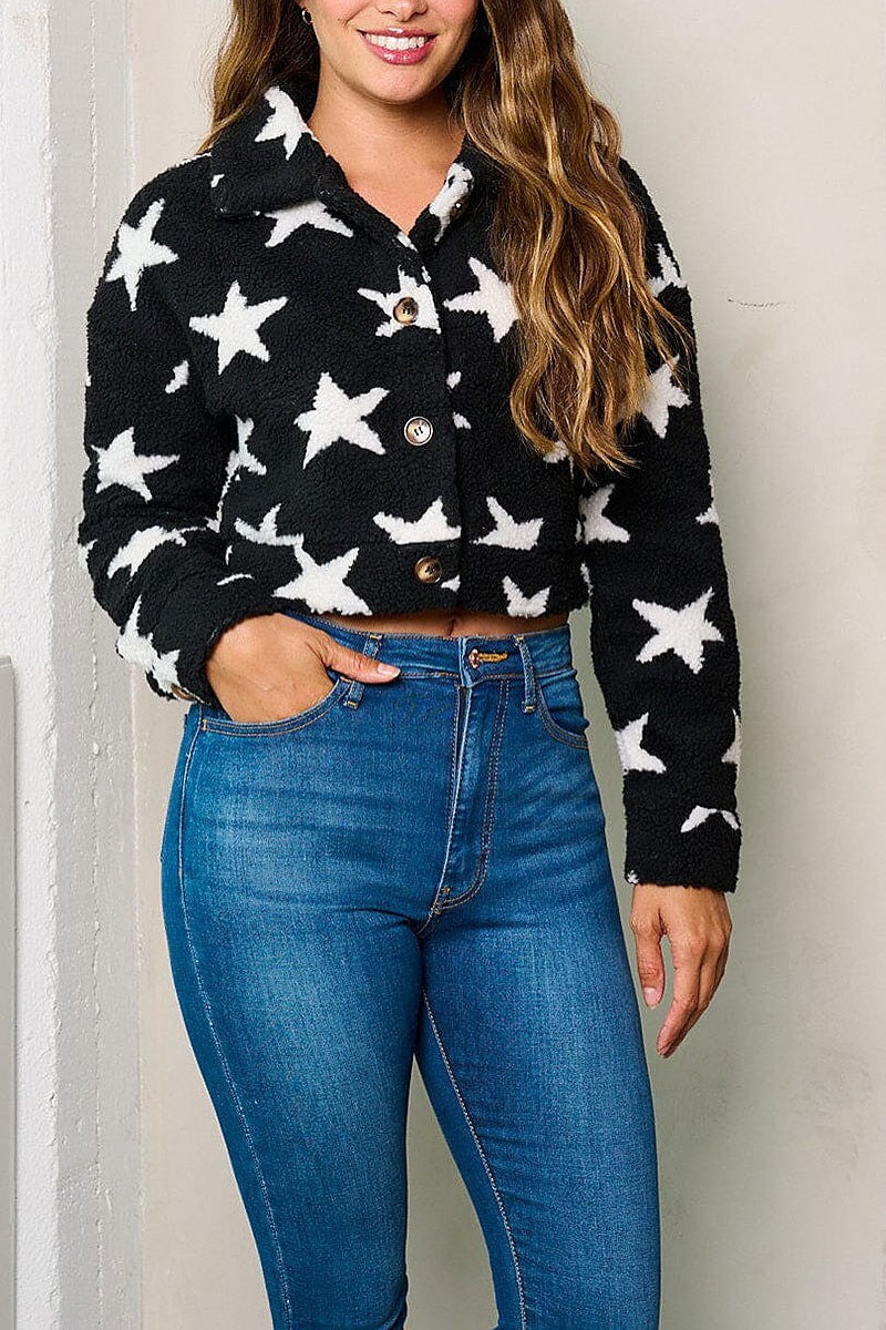 Long sleeve button closure stars print crop jacket (EFWT4217)