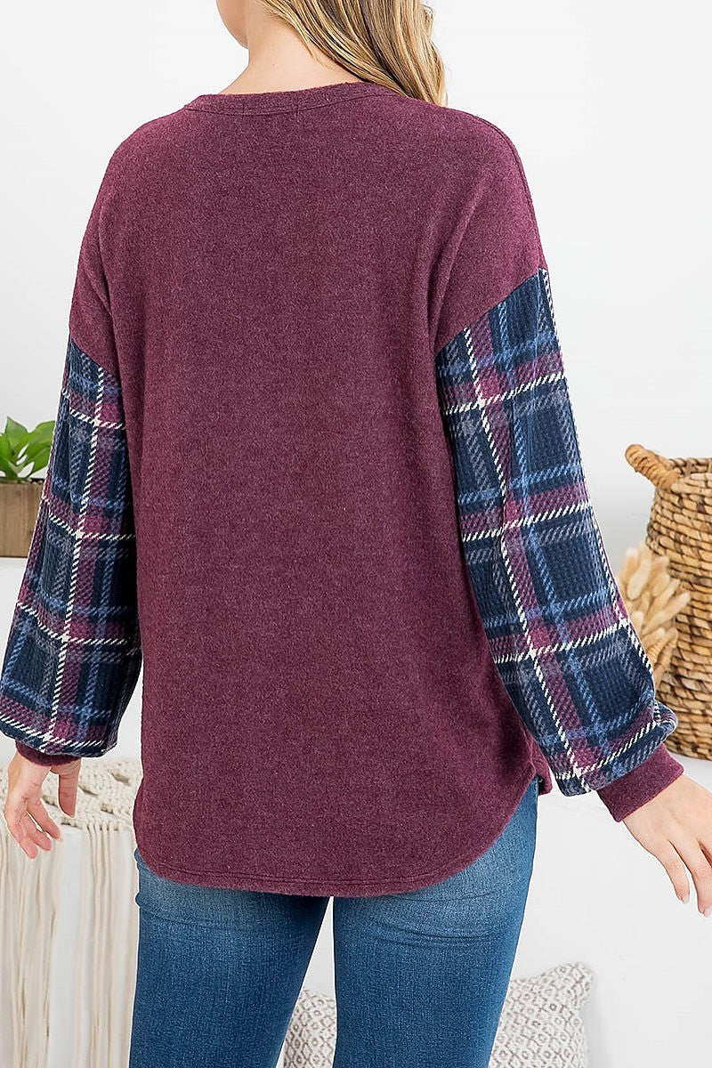 Plaid waffle contrast cashmere long sleeve top (EF2755)