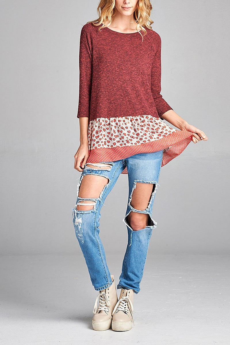 Dot heart printed hem rib top (EF5121)