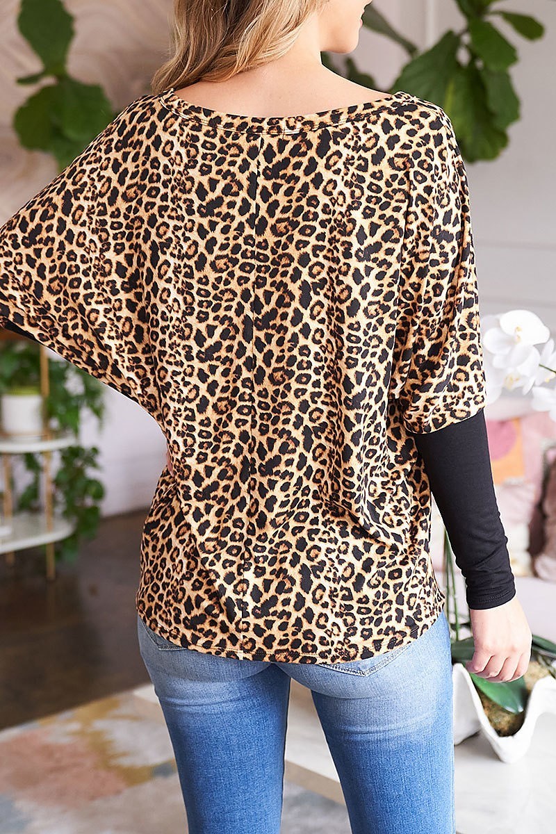 Solid dolman sleeve boat neck leopard top (EF2660)