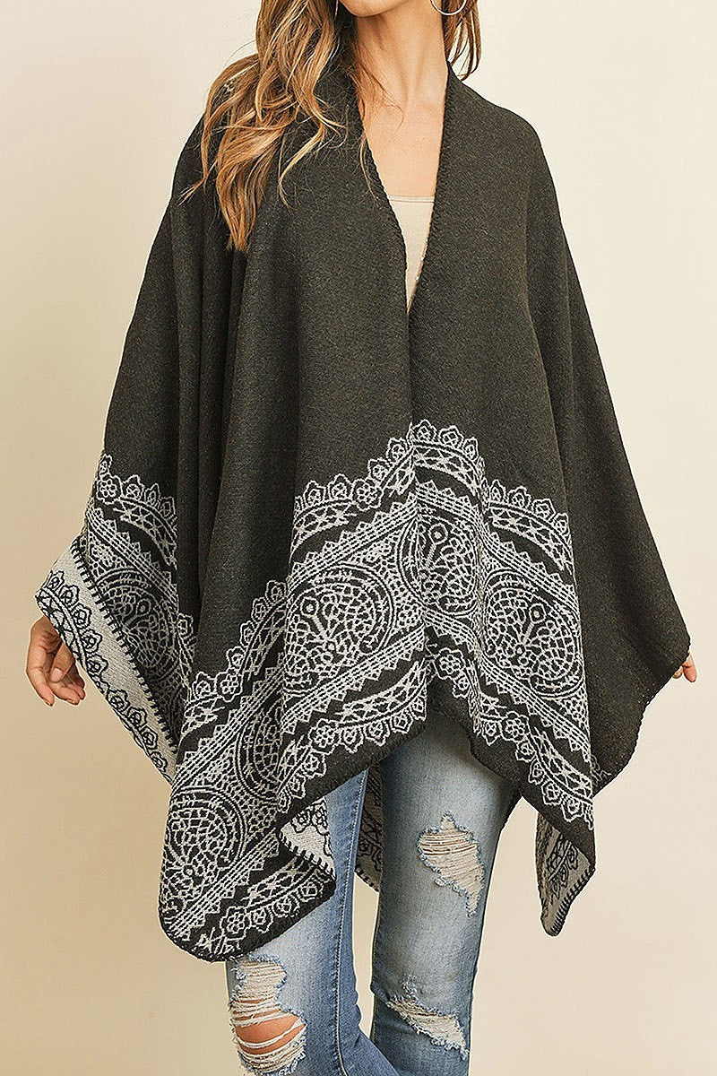 Lace print long kimono poncho sweater (DGS4881)