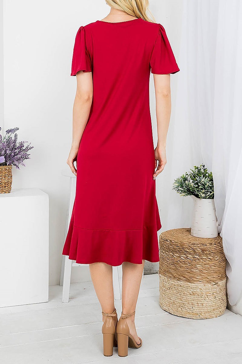 Flutter sleeve ruffle hem asymmetrical hem midi dress (DED7828)