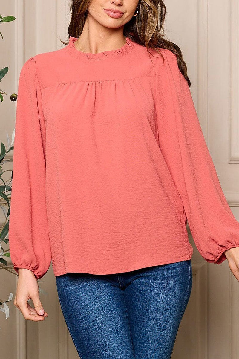 Long sleeve ruffle neck detailed blouse top (EFWT5494)