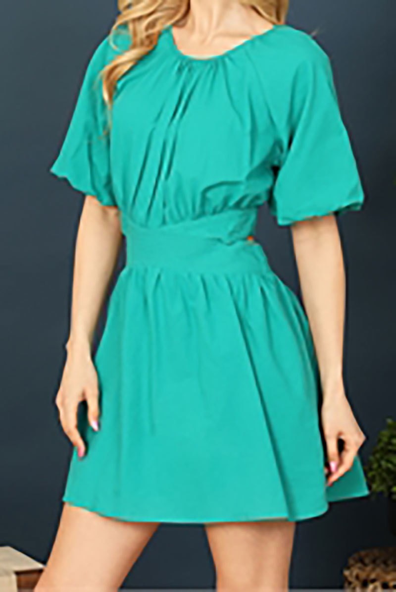 Puff sleeves back ribbon cut-out waist solid dress (DED9275)