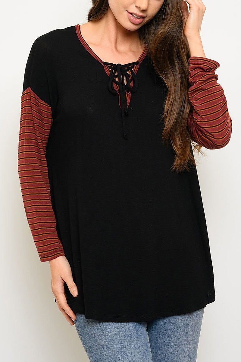 Long sleeve v neck lace up top (EDWT3525)