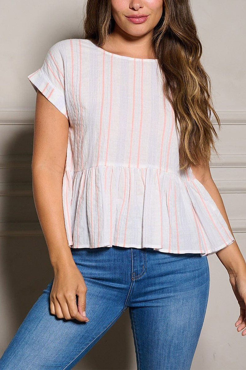 Short sleeve multi stripes peplum blouse top (EGWT2360)