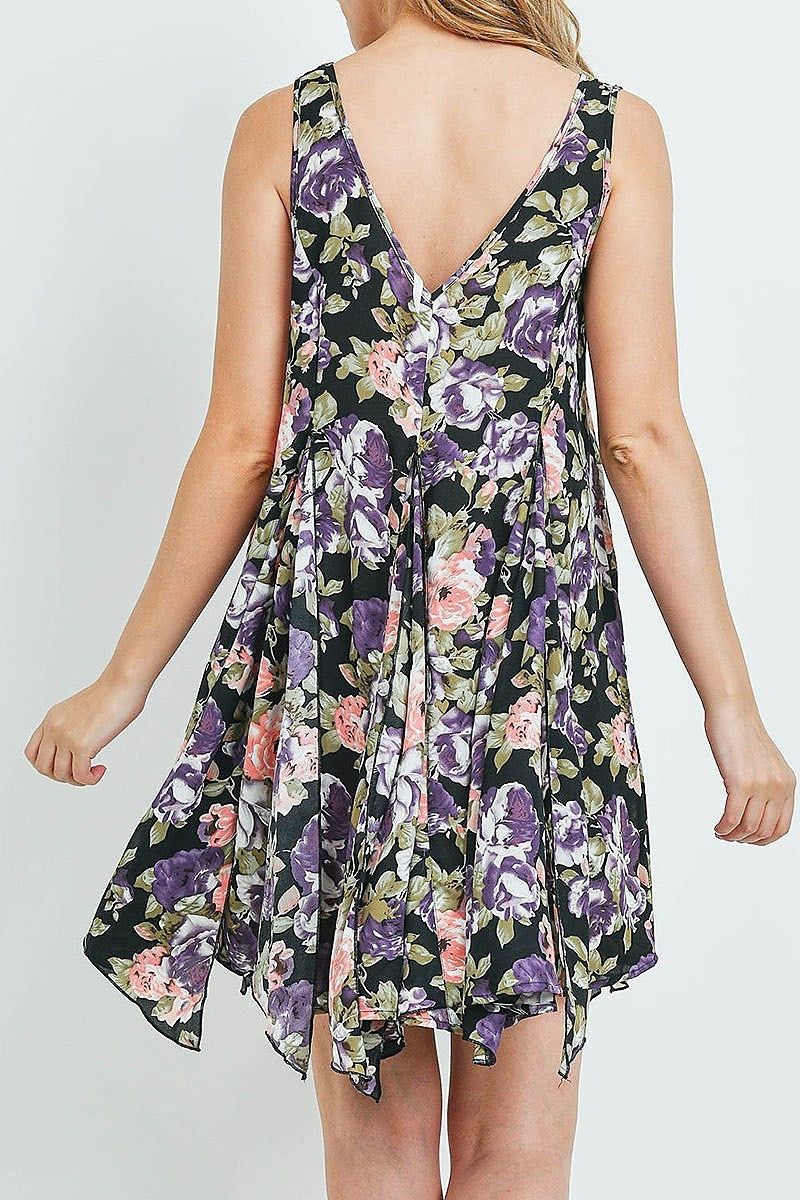 V neck floral print asymmetrical hem flare dress (DED6157)