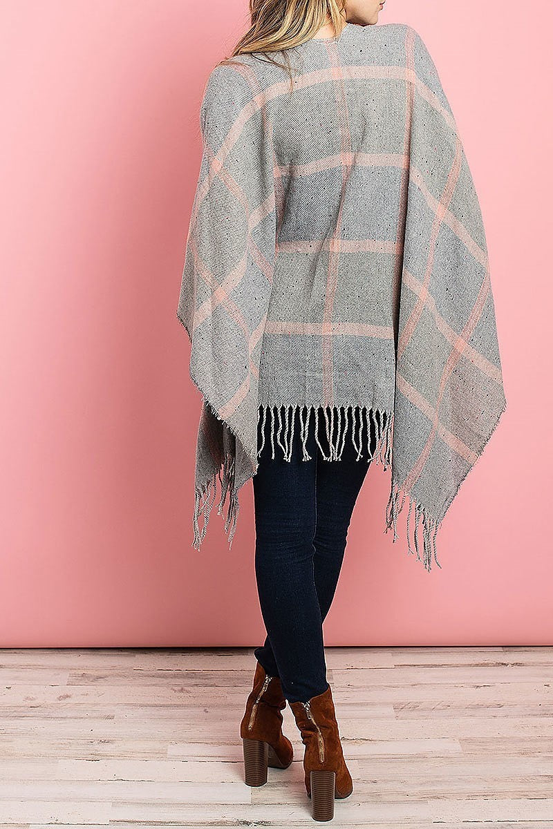 Fringe detail loose fit poncho sweater (DGS4915)