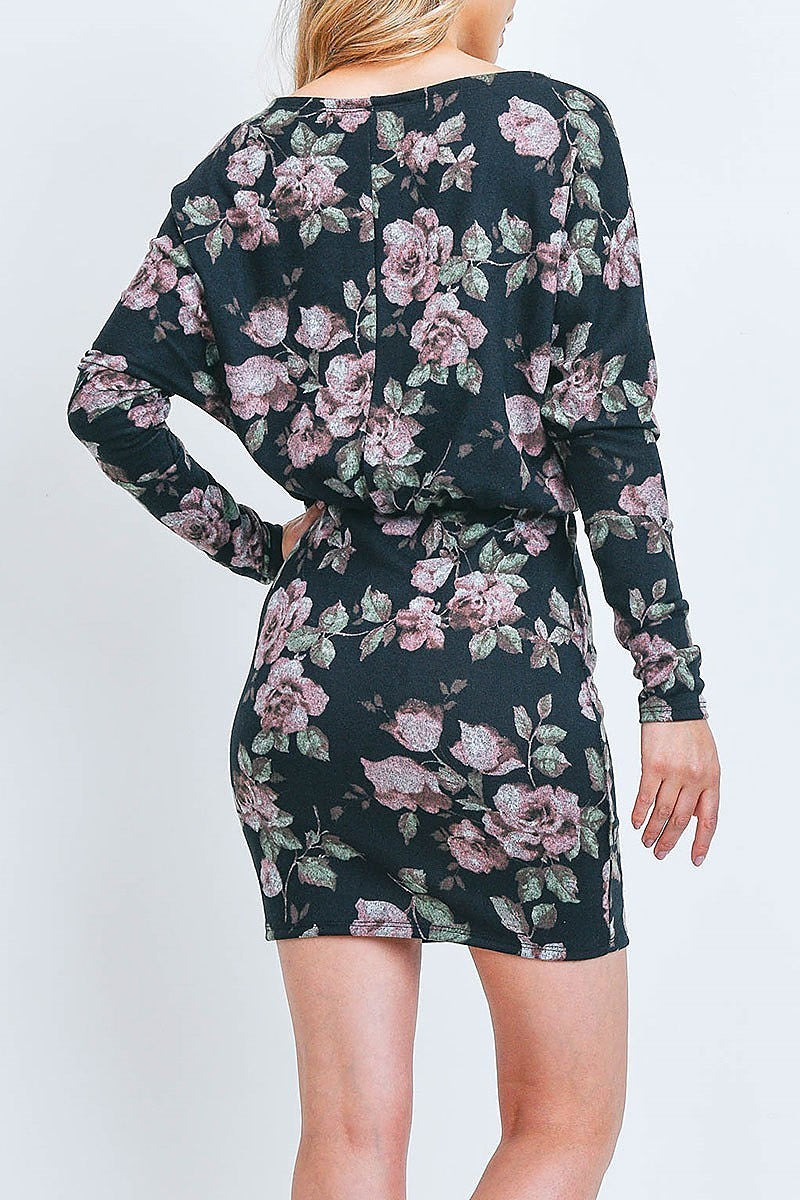 Floral print chined waist mini dress (DED6908)