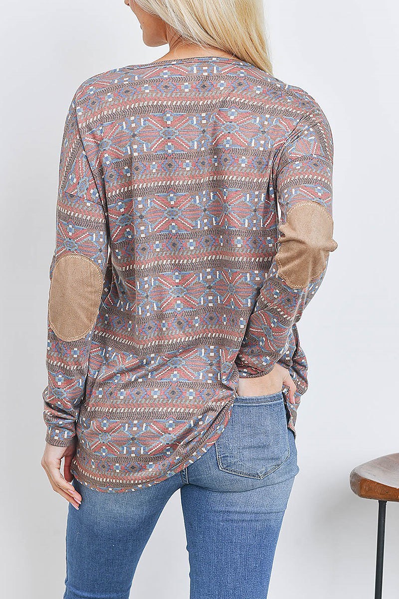 Tribal print elbow patch detail top (EF2648)