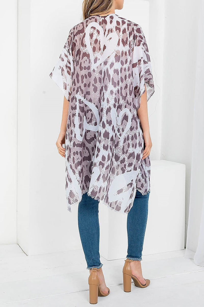 Leopard heart printed open front kimono (EF3614)