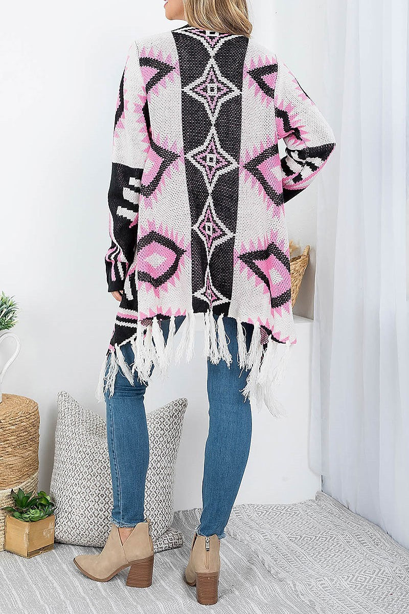 Tribal print open front with fringe cardigan (DGS5711)