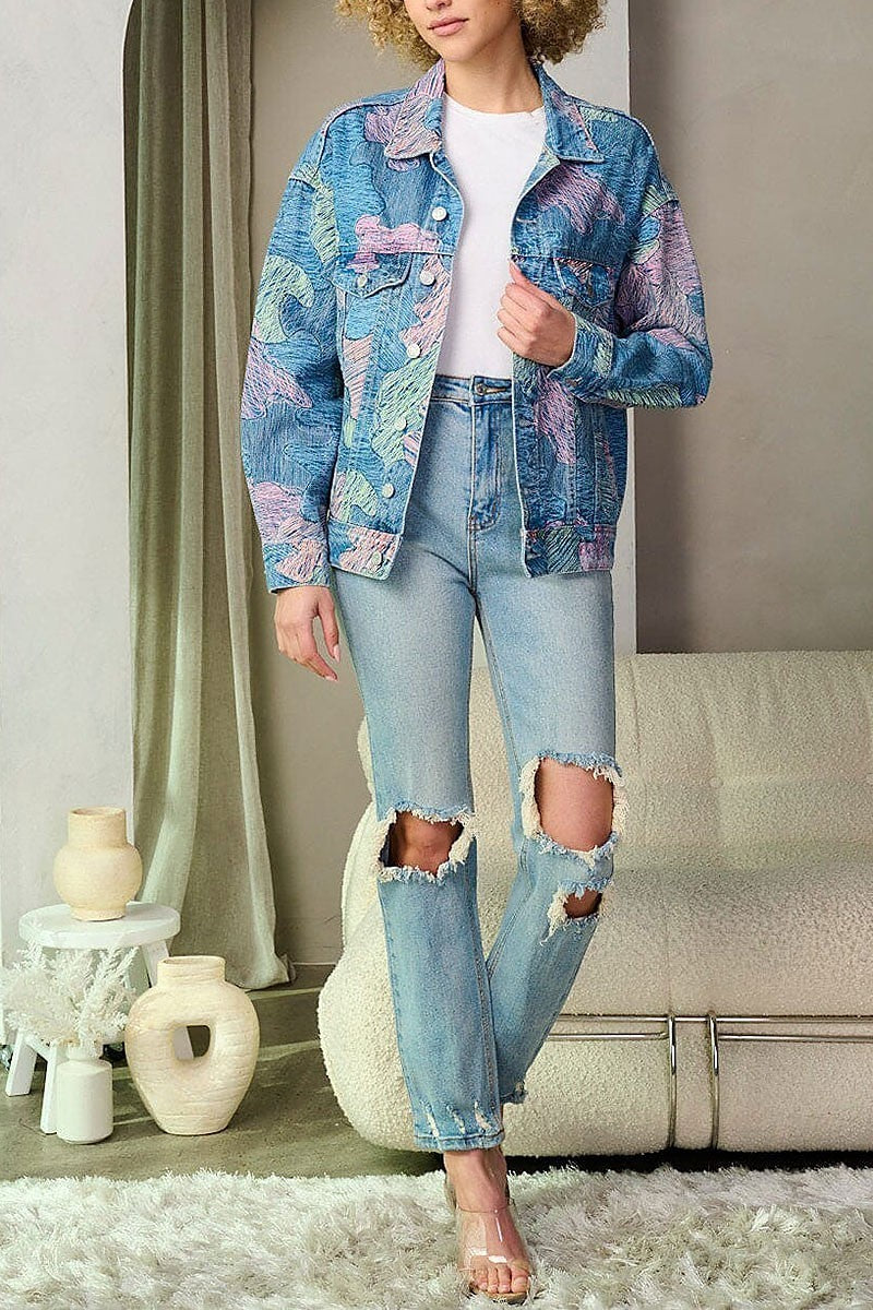 Long sleeve button closure printed denim jacket (EFWT9304-1)