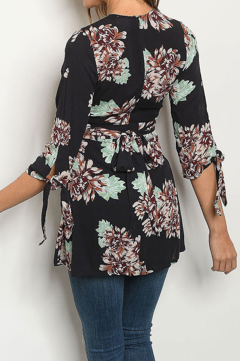 Tie sleeve ruched detail floral print top (ED7449-LAST)