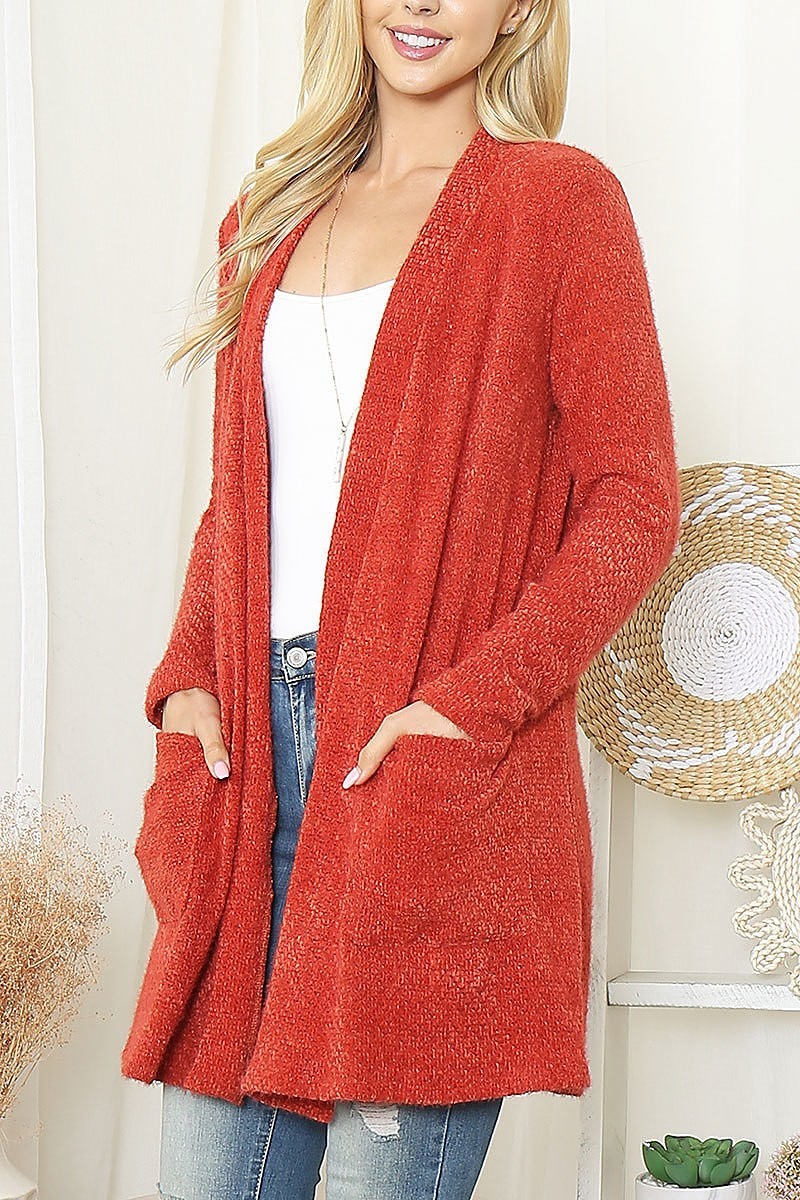 Front pockets open textured cardigan (DGS6132)