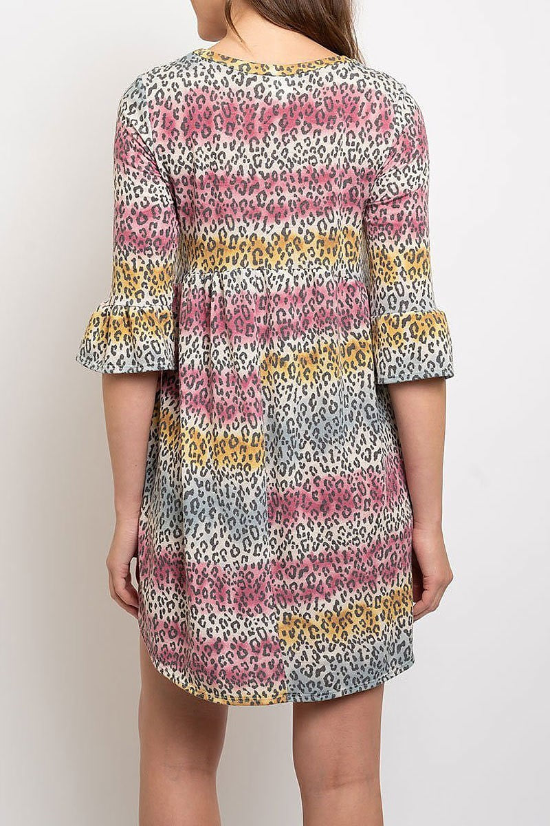 Multi animal print ruffle sleeves tunic dress (EDWT2086)