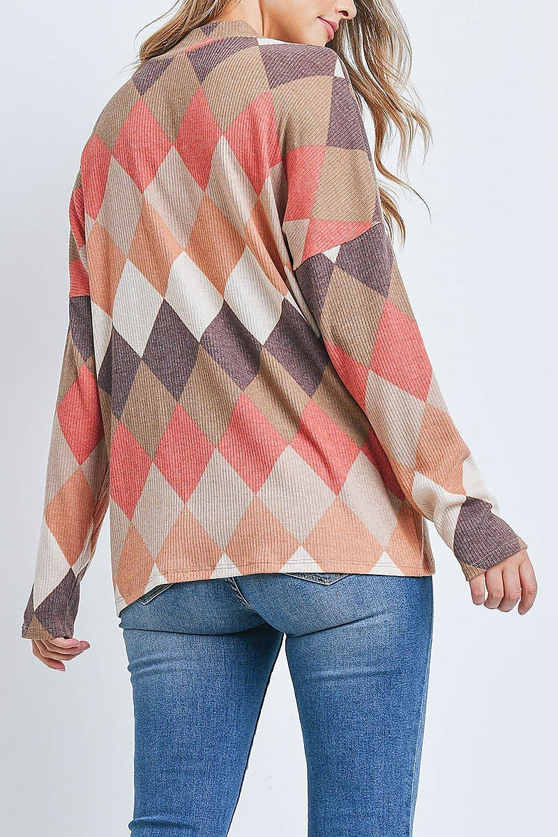 Mock neck long sleeve checkerboard top (EF2697)