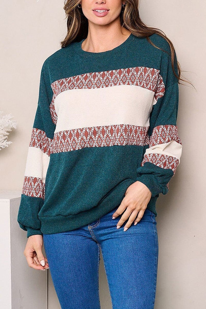 Long sleeves colorblock printed top (EFWT3885)