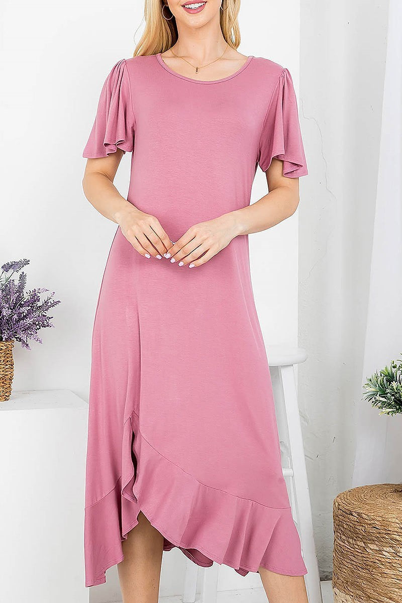 Flutter sleeve aymmetric ruffle hem midi dress (DED7827)