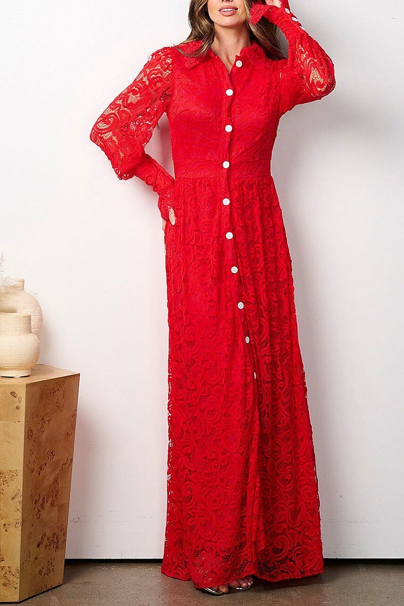 Long sleeve button up all over lace maxi dress (EFWT7817)