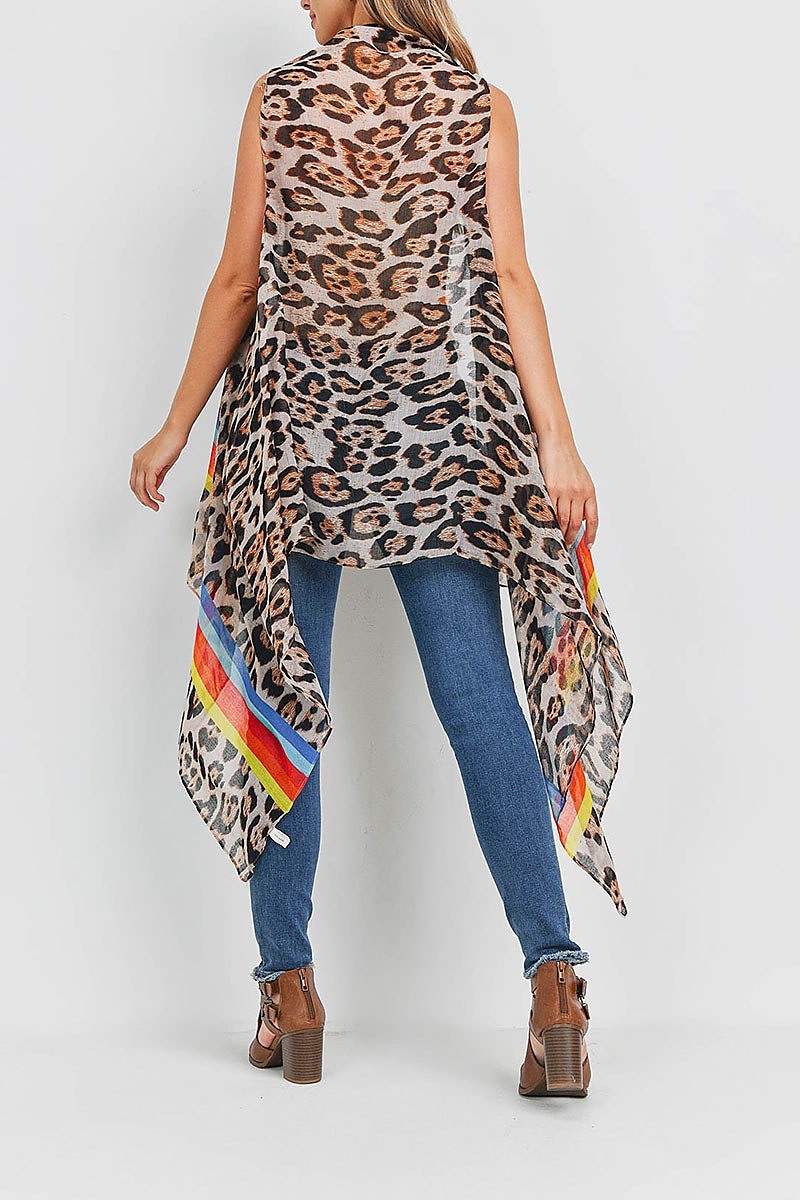 Rainbow stripe animal print asymmetrical hem vest kimono (EF1733)