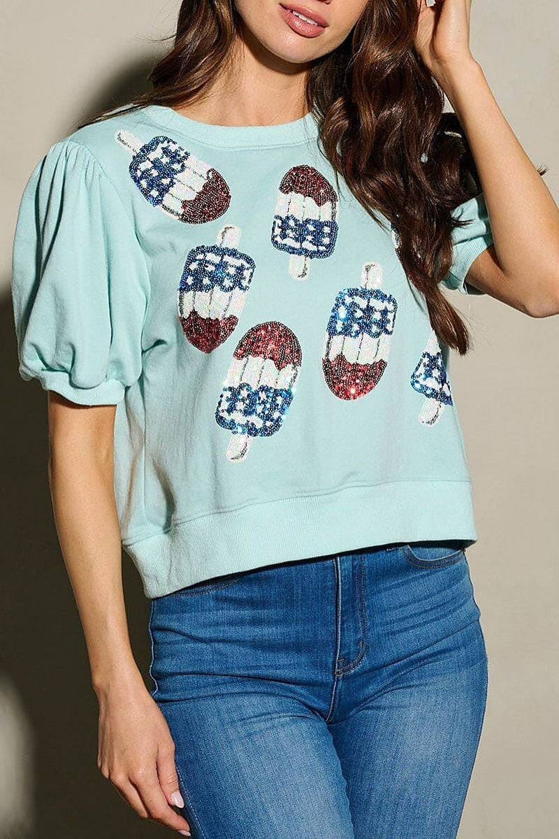 Puff sleeve ice cream sequins print blouse top (EFWT9833)