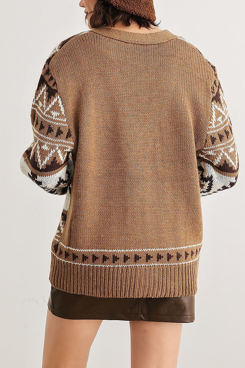 Fair isle knit vbutton up cardigan sweater (TED2035)