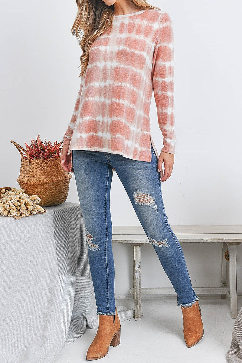 Long seeve tie dye hi lo slit hem tunic blouse top (EF2277)