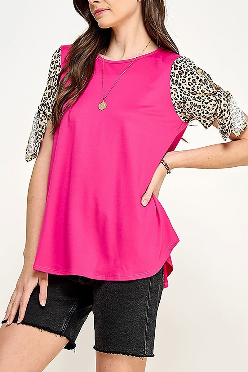 Contrast leopard tied sleeve solid knit top (XDG8172)