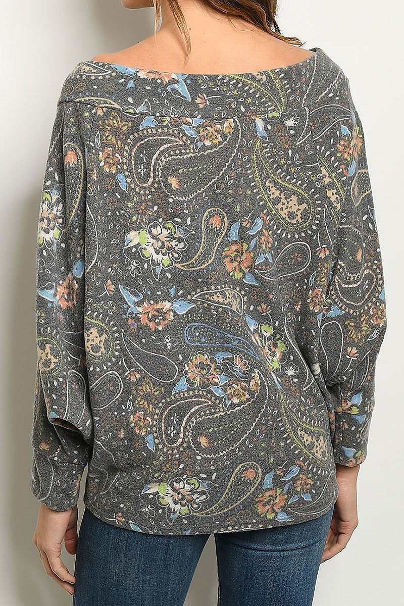 Off shoulder paisley print dolman sleeve sweater top (DGS4802-1)