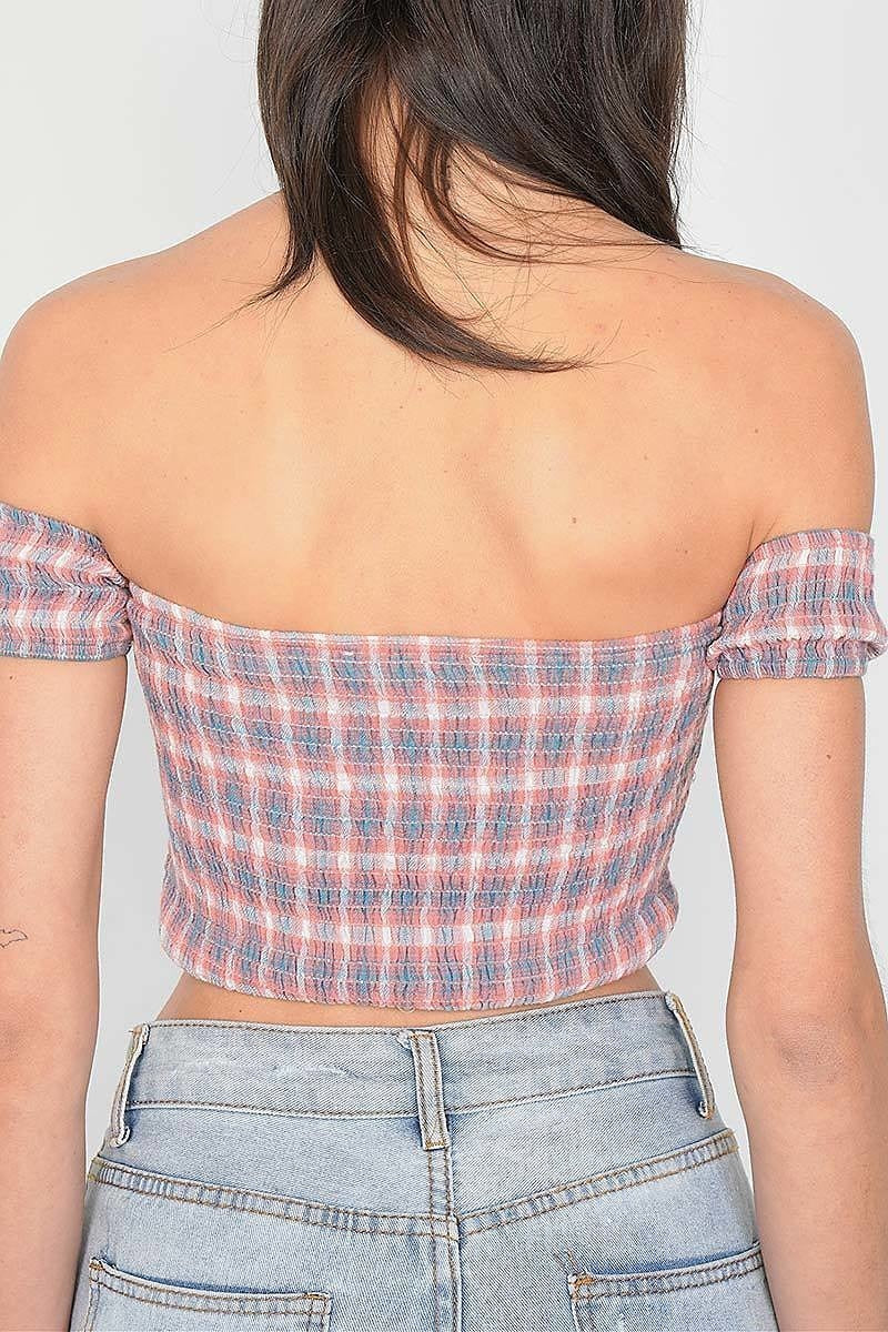 Checkered cotton chic off shoulder crop top (TDG5892)