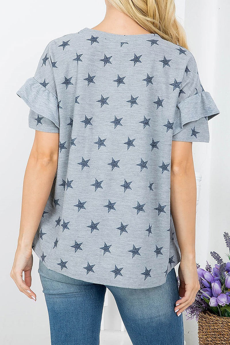 Star print ruffle detail top (EF3901)