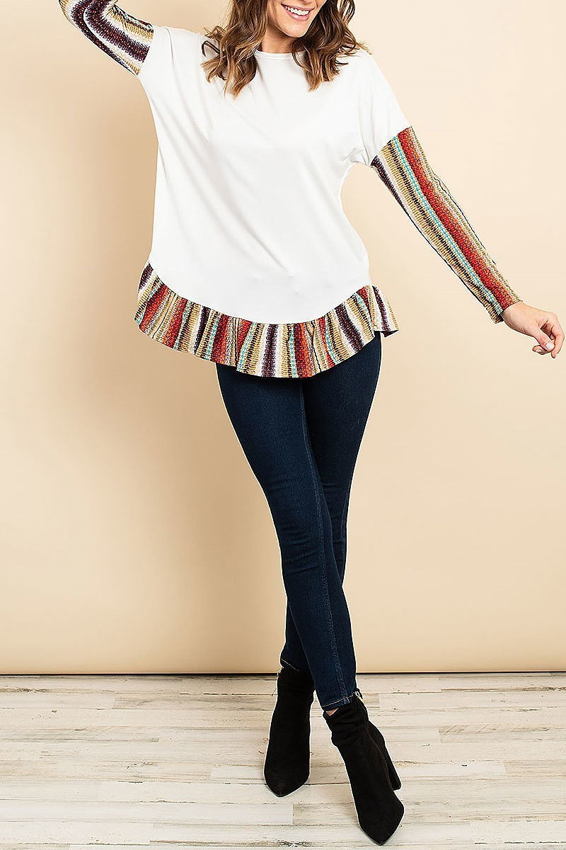 Tribal print ruffle hem color block top (ED8047)