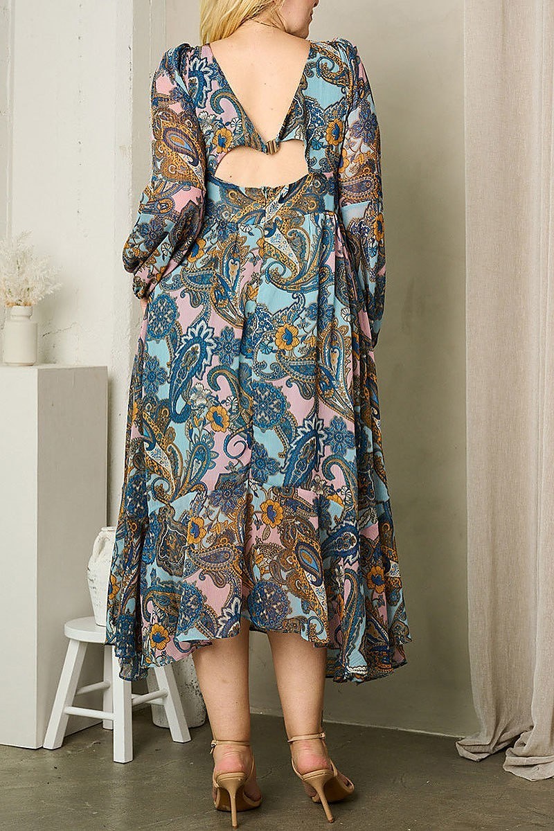 Long sleeve front cut out paisley print midi dress (EFWT1636)