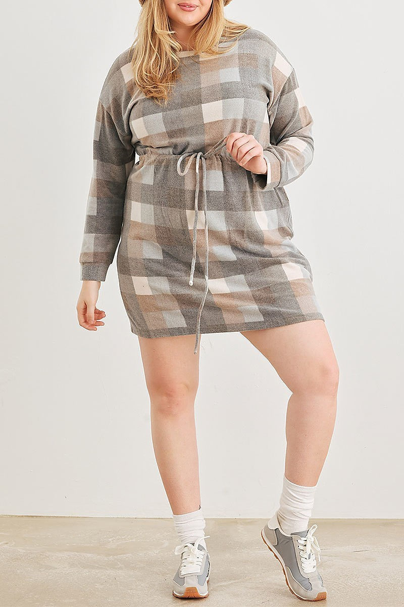 Plaid elastic waist ling sleeve mini dress (TED2098)