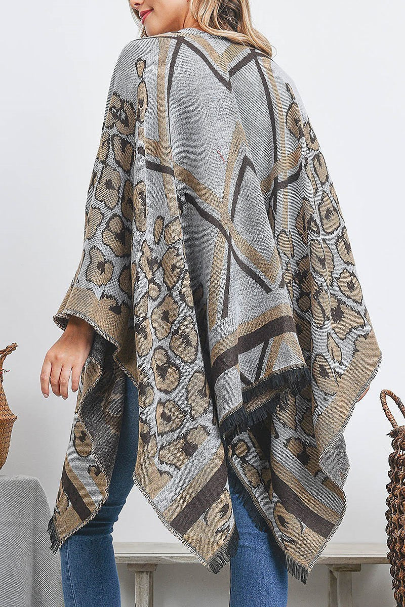 Open front leopard line pattern fringe ruana wrap kimono (DGS5518)