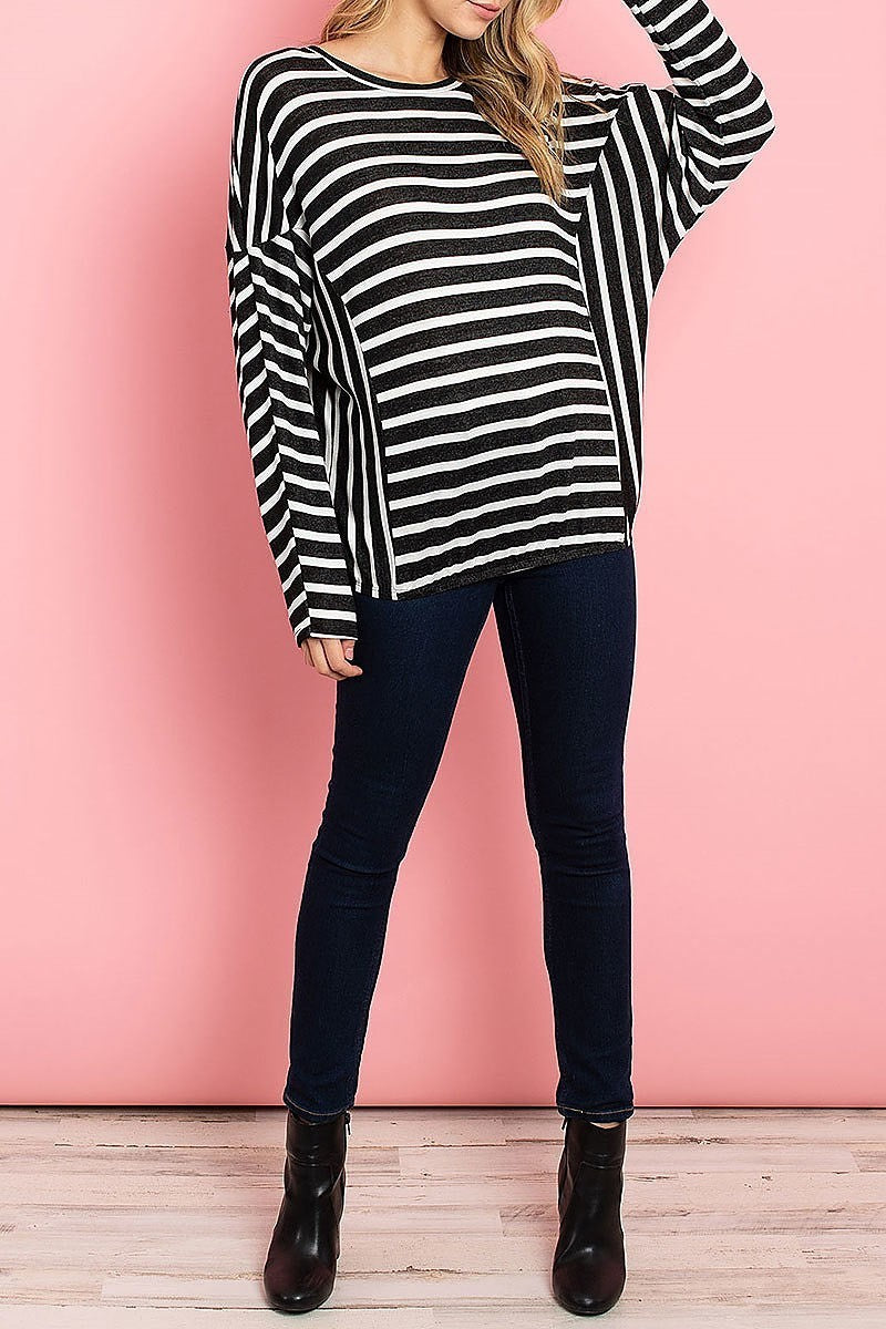 Round neck stripe loose fit top (ED7962-1)